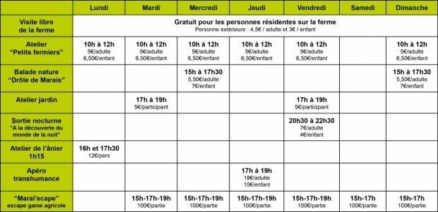 Tableau des animations estivales 2022